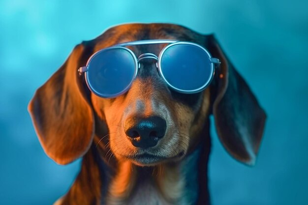 Retrato de cão dachshund com óculos de sol em close de fundo azul criado com tecnologia de IA gerativa