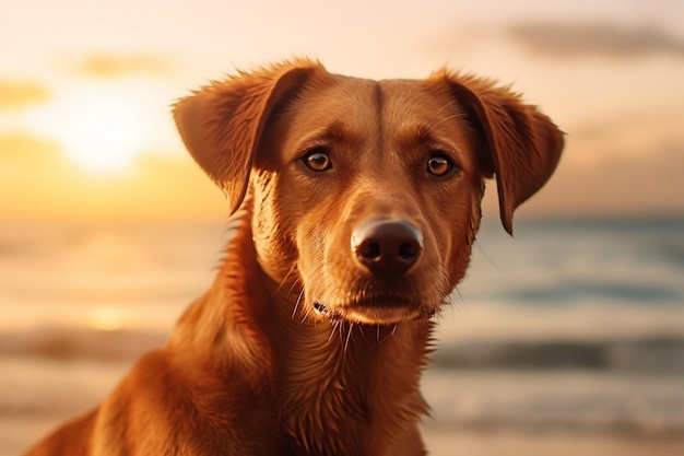 Retrato de cão em uma praia amigável a animais em Sunrise Generative Ai