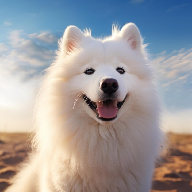 Retrato de cão Samoyed branco O cão samoyed faz uma variedade de maus e adoráveis exp felizes e tristes
