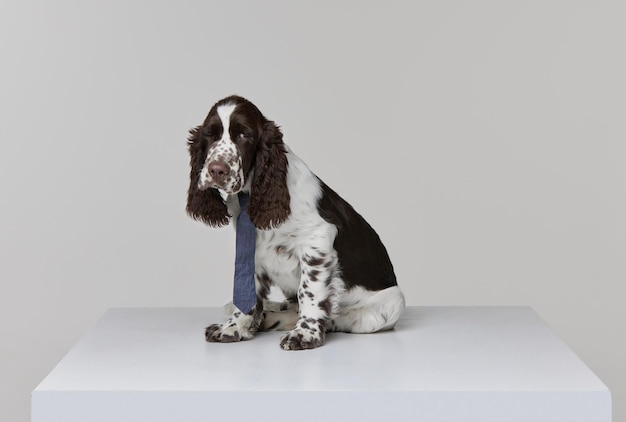 Retrato de cão springer spaniel inglês puro-sangue posando em gravata com olhar sério isolado sobre cinza