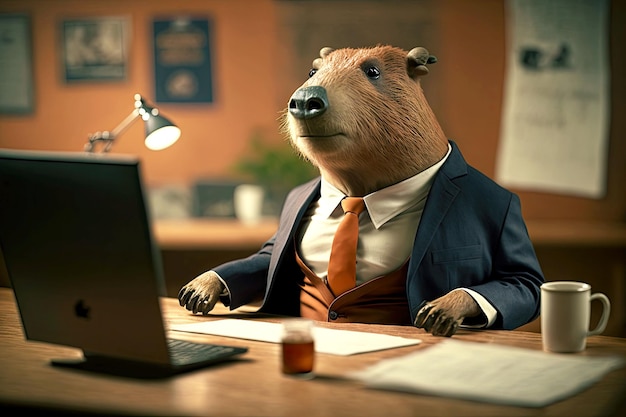 Retrato de capivara em terno de negócios na mesa de escritório generativa ai