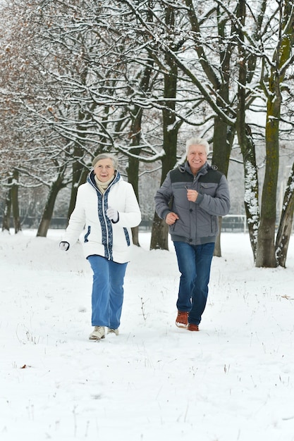 Retrato de casal de idosos se divertindo ao ar livre na floresta de inverno