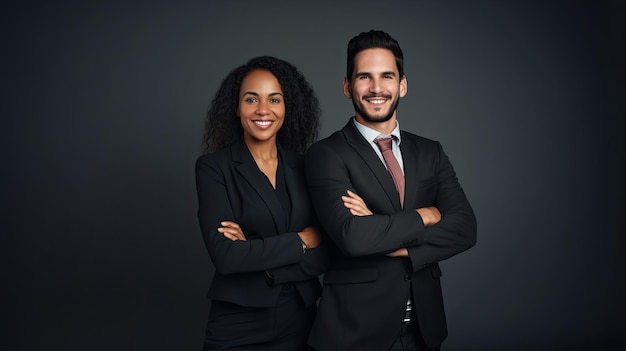 Retrato de casal de negócios multiétnico feliz posando com os braços cruzados