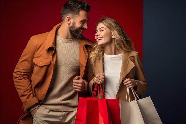 Foto retrato de casal feliz em roupas elegantes com sacos de papel de compras conceito de vendas de compras