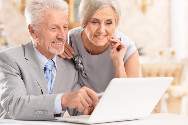 Retrato de casal feliz usando laptop em casa