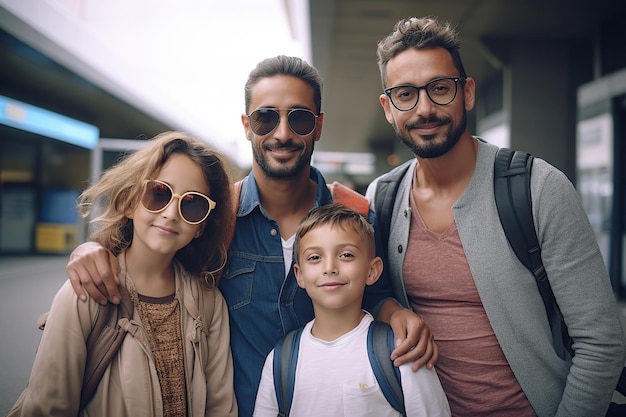 Retrato de casal gay com seus dois filhos prontos para uma viagem Generative AI