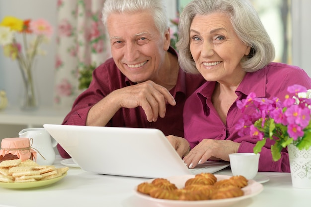 Retrato de casal idoso com laptop em casa