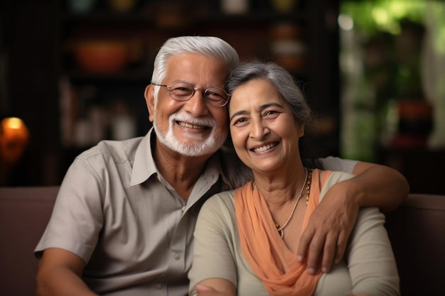 Retrato de casal indiano feliz, abraçando-se em casa no sofá ou na mesa de jantar