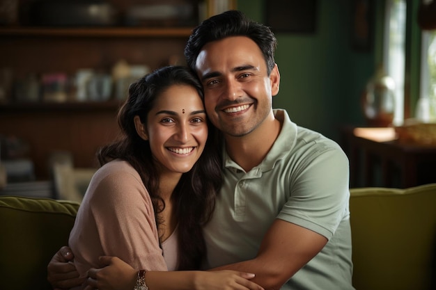 Retrato de casal indiano feliz, abraçando-se em casa no sofá ou na mesa de jantar