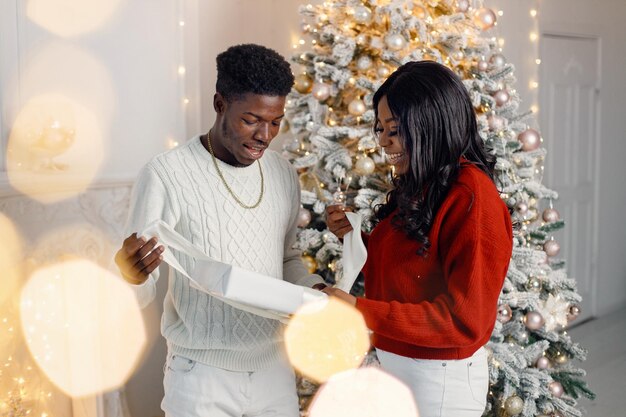 Retrato de casal negro feliz segurando presente e parado perto da árvore de natal