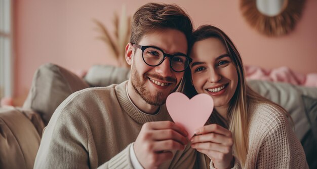 Retrato de casal segurando um coração de papel e um casal sorridente feliz em amor celebrando