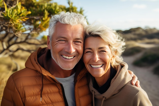 Retrato de casal sênior feliz, abraçando-se em pé na praia