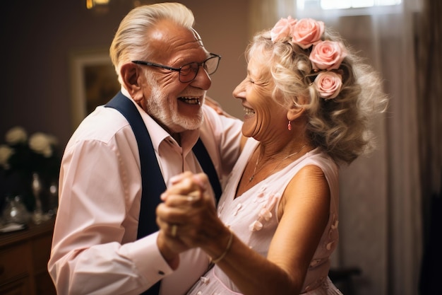 Retrato de casal sênior feliz dançando juntos em casa Eles estão olhando para a câmera e sorrindo