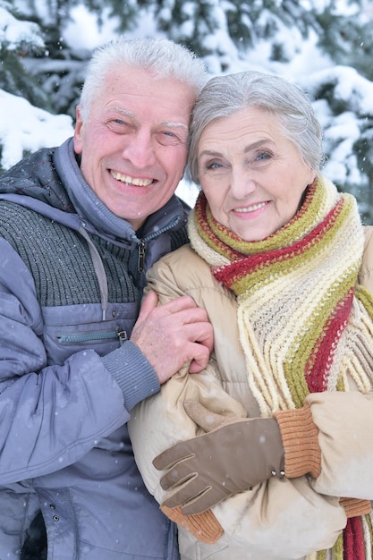Retrato de casal sênior feliz no inverno ao ar livre