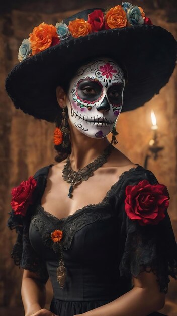 Retrato de catrina personagem típico mexicano representante do dia dos mortos