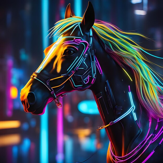 Retrato de cavalo cyberpunk em estilo neon futurista