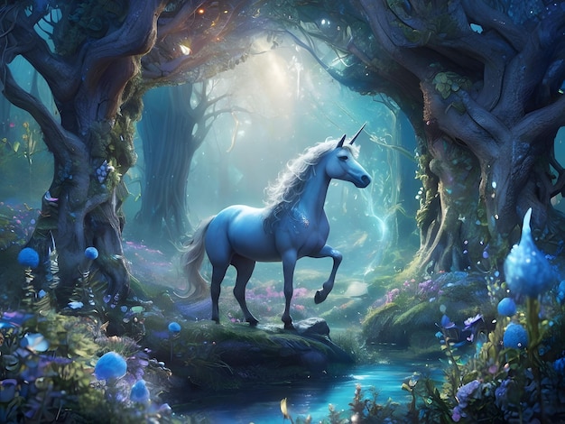 Retrato de cavalo de tração Percheron branco em fundo de floresta azul ai gerado
