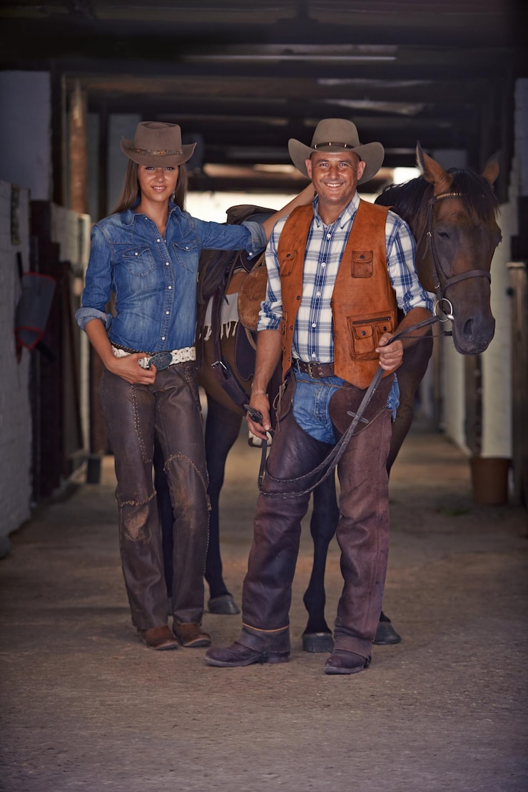 Foto retrato de cavalo e casal em estábulo em uma fazenda no campo rural para o cuidado de animais no texas sorriso confiante e corpo cheio de jovem homem e mulher com chapéus de cowboy para a moda com garanhão no rancho