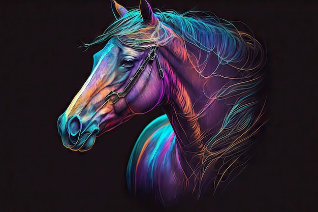 Retrato de cavalo em cores neon em um fundo escuro generativo ai