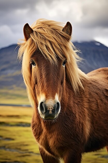 Retrato de cavalo islandês na paisagem da islândia