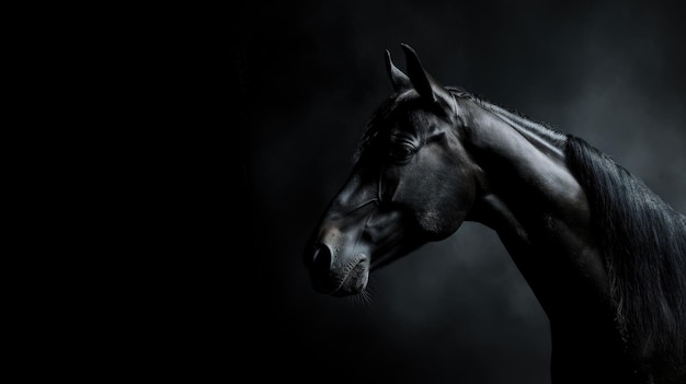 Retrato de cavalo preto em estúdio discreto, motivo de vista para a esquerda, conceito de silhueta deslocada