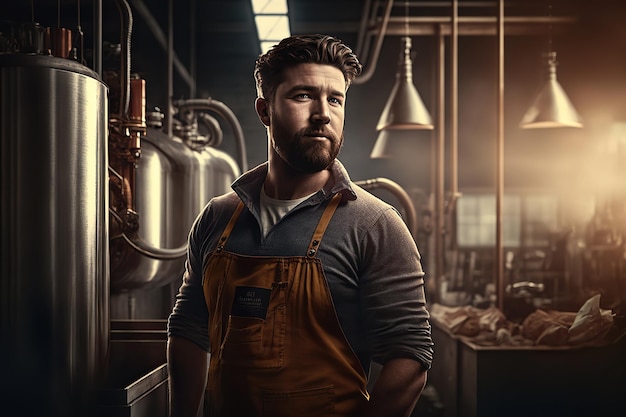 Retrato de cervejeiro masculino barbudo no interior da moderna fábrica de cervejaria Generative AI