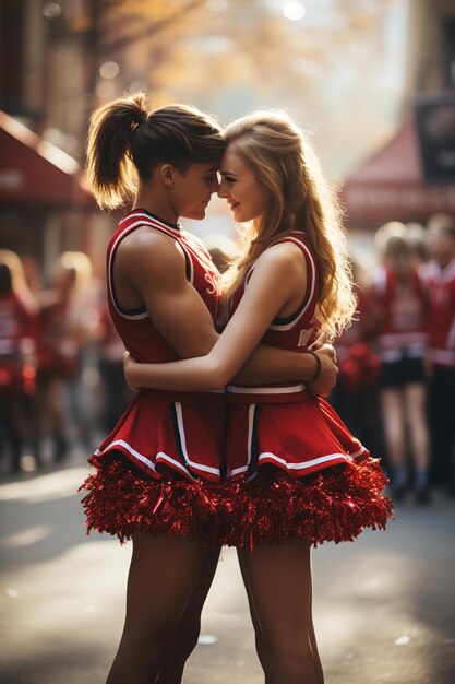 Foto retrato de cheerleaders adolescentes se abraçando na estrada ia generativa