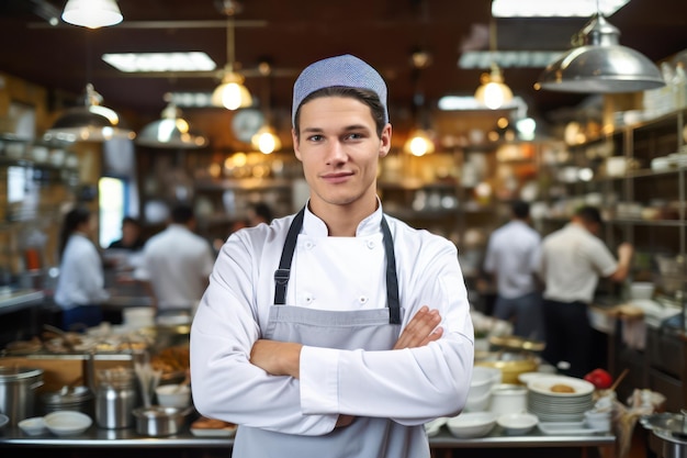 Retrato de chef profissional com fundo de restaurante