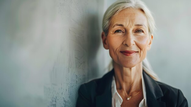 Foto retrato de cintura mínima de uma empresária sênior sorridente olhando para a câmera contra a ia gerativa