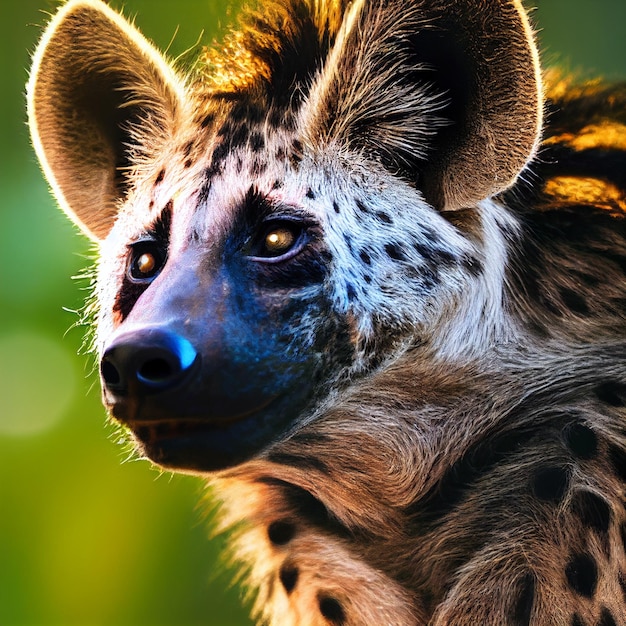 Retrato de close-up de hiena manchada selvagem na ilustração de renderização 3d da natureza