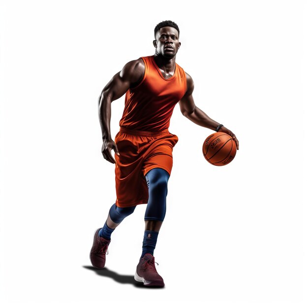 Retrato de comprimento completo de um jogador de basquete com uma bola isolada em fundo branco de estúdio