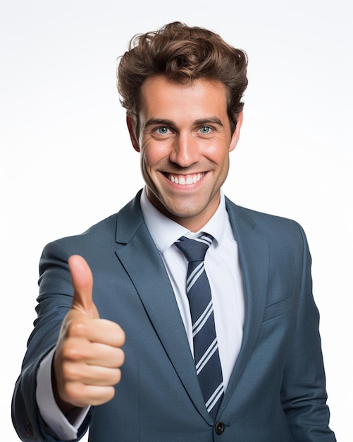 retrato de conceito de negócio fotográfico de homem animado, vestido com roupa formal, dando sinal de positivo