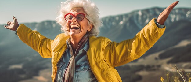 Foto retrato de conquista de caminhada mulher idosa rindo e celebrando no topo de uma montanha