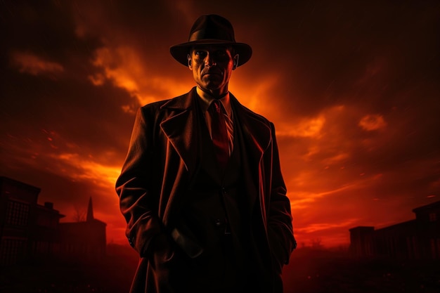 Retrato de contraste escuro de detetive áspero em chapéu e casaco no nascer do sol vermelho acima do fundo da cidade