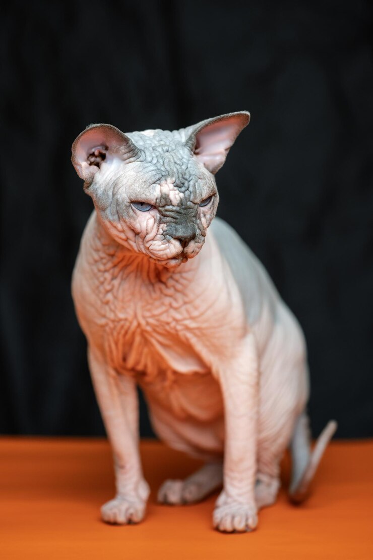 Retrato de corpo inteiro de gato sphynx canadense temperamental de vison de chocolate de gato macho sem pêlo com whit