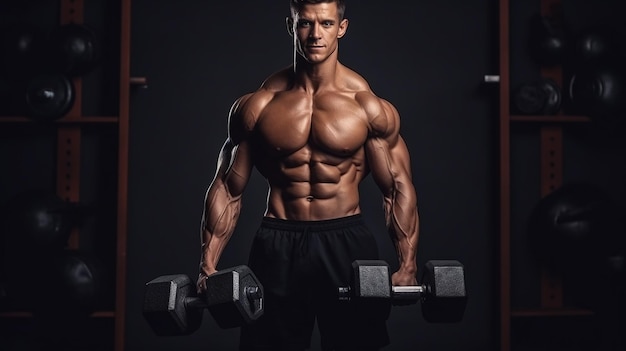 Retrato de corpo inteiro de homem atlético sem camisa fazendo exercícios de bíceps com halteres