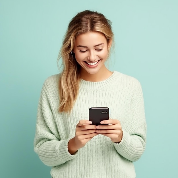 Retrato de corpo inteiro de jovem mulher sorridente em roupa de malha bege