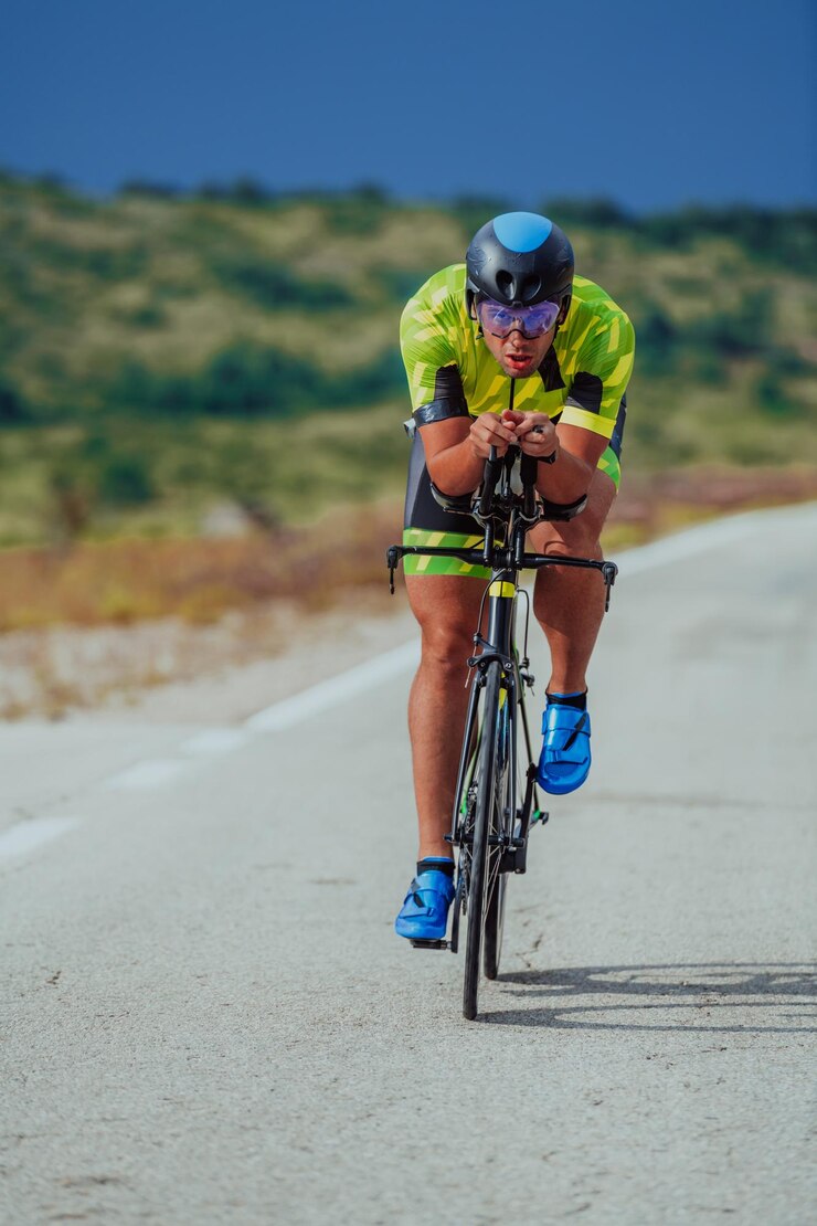 Foto retrato de corpo inteiro de um triatleta ativo em roupas esportivas e com um capacete protetor andando de bicicleta. foco seletivo.