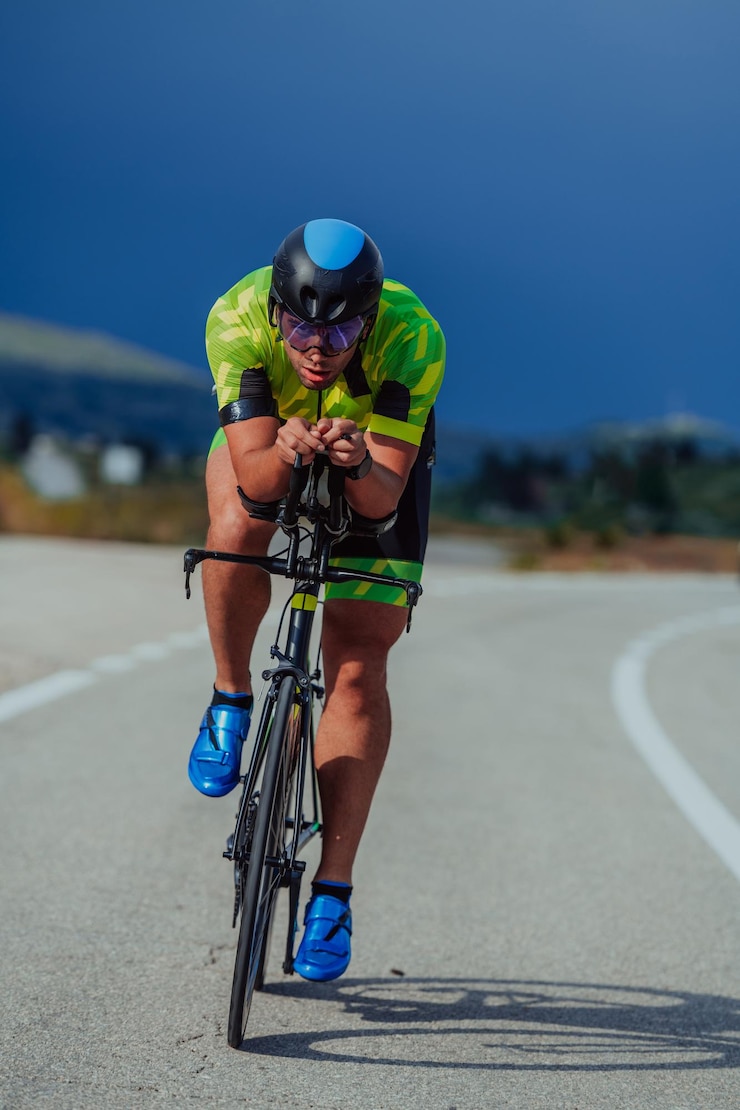 Foto retrato de corpo inteiro de um triatleta ativo em roupas esportivas e com um capacete protetor andando de bicicleta. foco seletivo.