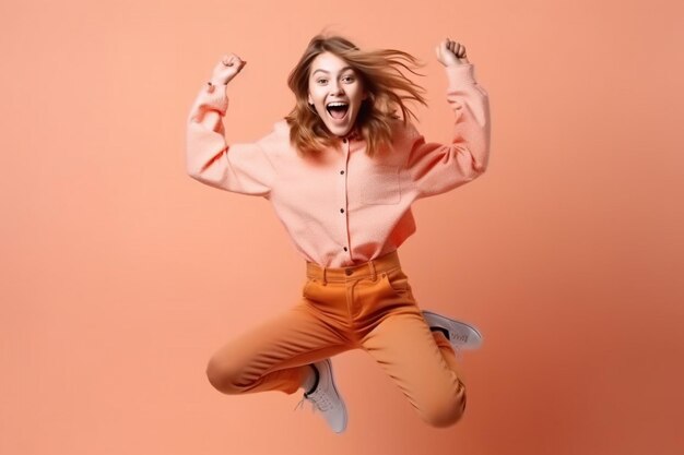 Foto retrato de corpo inteiro de uma jovem excitada pulando isolada sobre fundo rosa