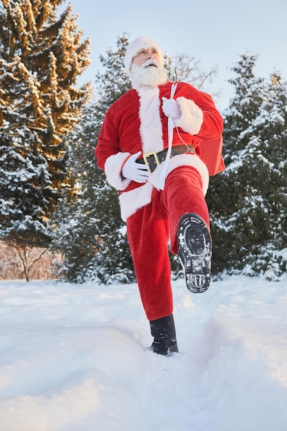 Retrato de corpo inteiro do tradicional papai noel carregando saco com presentes na floresta de inverno e wal