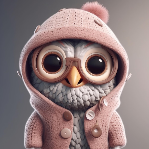 Retrato de coruja de desenho animado 3D vestindo roupas, óculos, chapéu e jaqueta em pé na frente