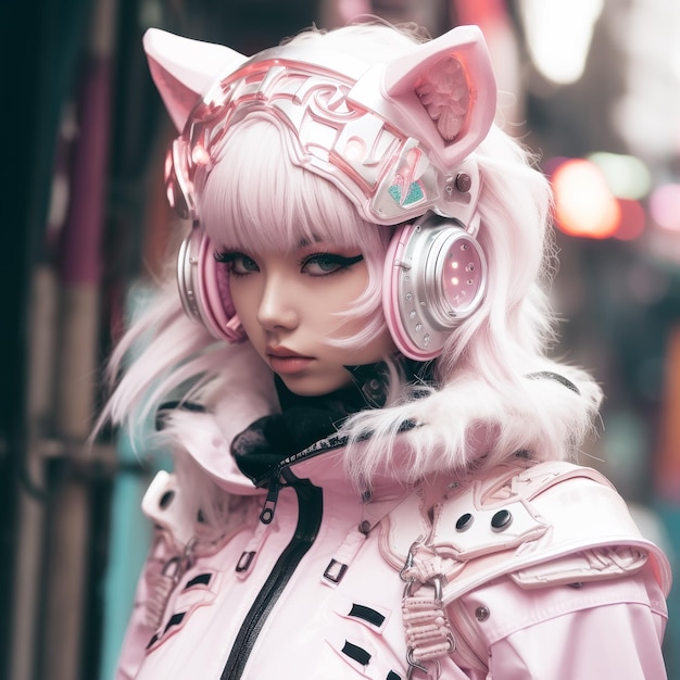 Retrato de cosplay de anime japonês de garota com fantasia de cyberpunk