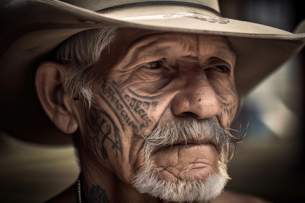 Retrato de cowpoke com arabescos intrincados e penas com tinta no