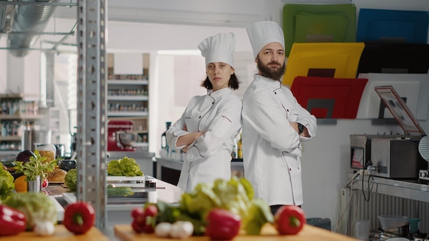 Retrato de cozinheiros autênticos sentados de costas na cozinha gourmet, preparando os ingredientes do prato. Homem e mulher fazendo trabalho em equipe cozinhando refeição profissional com receita de cozinha gastronômica.