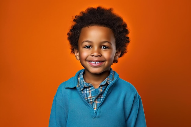 Retrato de criança africana criança negra isolada no fundo do estúdio laranja generativo AI menino americano em roupas casuais posando contra a parede conceito de jovens e escola