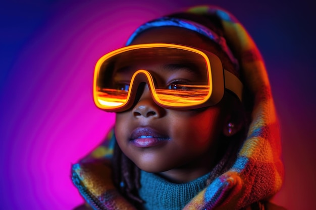 Retrato de criança afro-americana usando fone de ouvido de realidade virtual Cores vivas e HMD brilhante em neon no rosto de meninas Gerado com IA