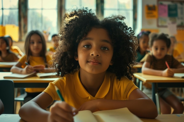 Foto retrato de criança e sala de aula primária ou escrita para educação aprendizagem ou alfabeto inglês ou