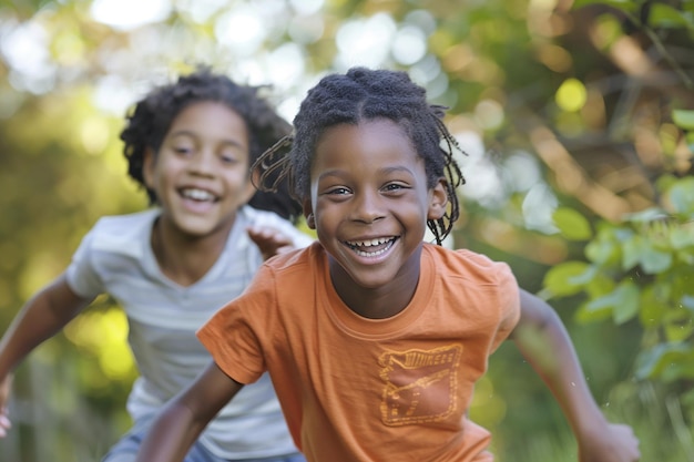 Foto retrato de crianças dinâmicas brincando ao ar livre