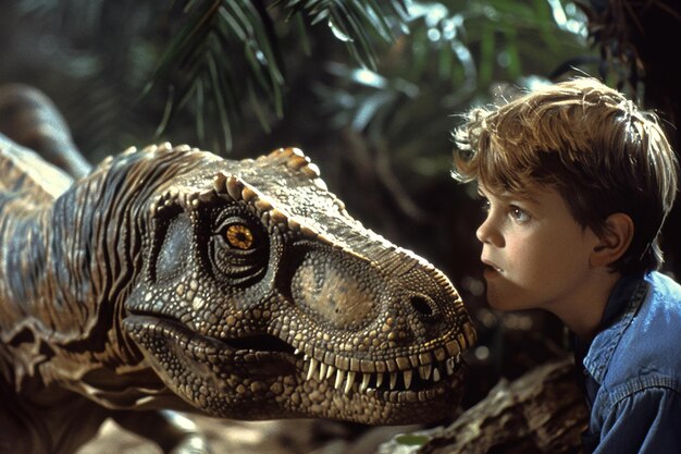 Foto retrato de crianças do parque jurássico vagando com dinossauros